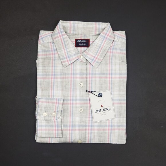 UNTUCKit Chasseles Cotton LS Shirt Lt Blue Green Pink Plaid Womens 0 Regular Fit - Picture 14 of 16
